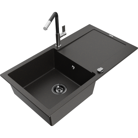 Mexen Leo lavello in granito a 1 vasca con gocciolatoio e rubinetto da cucina Flora, nero/oro metallizzato - 6501-75-670401-07-B