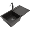 Mexen Leo granite kitchen sink with 1 basin, drainer and Flora kitchen tap, black/gold metallic - 6501-75-670401-07-B