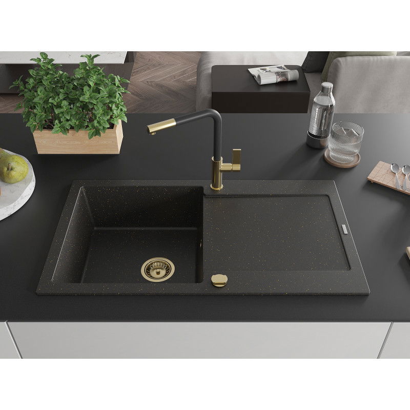 Mexen Leo 1-bowl granite sink with drainer and Flora kitchen tap, black/gold metallic - 6501-75-670401-57-G