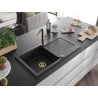 Mexen Leo Granitspüle 1-Becken mit Abtropffläche und Küchenarmatur Flora, schwarz/gold metallic - 6501-75-670401-57-G