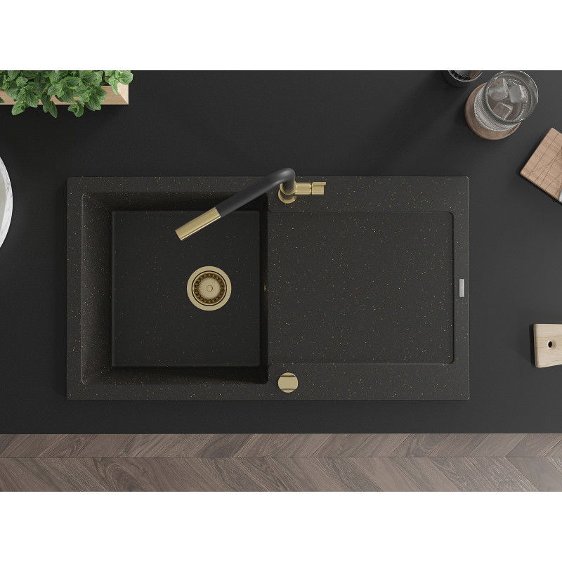 Mexen Leo fregadero de granito de 1 seno con escurridor y grifo de cocina Flora, negro/dorado metálico - 6501-75-670401-57-G