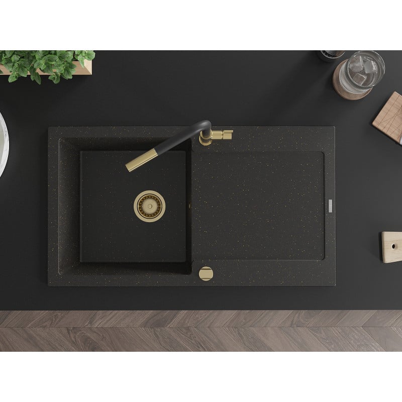 Mexen Leo granieten spoelbak 1-kamerig met afdruiprek en keukenkraan Flora, zwart/gouden metallic - 6501-75-670401-57-G