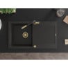 Mexen Leo Granitspüle 1-Becken mit Abtropffläche und Küchenarmatur Flora, schwarz/gold metallic - 6501-75-670401-57-G