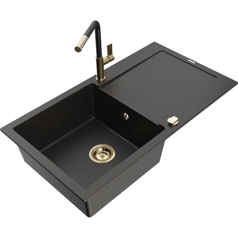 Mexen Leo Granitspüle 1-Becken mit Abtropffläche und Küchenarmatur Flora, schwarz/gold metallic - 6501-75-670401-57-G