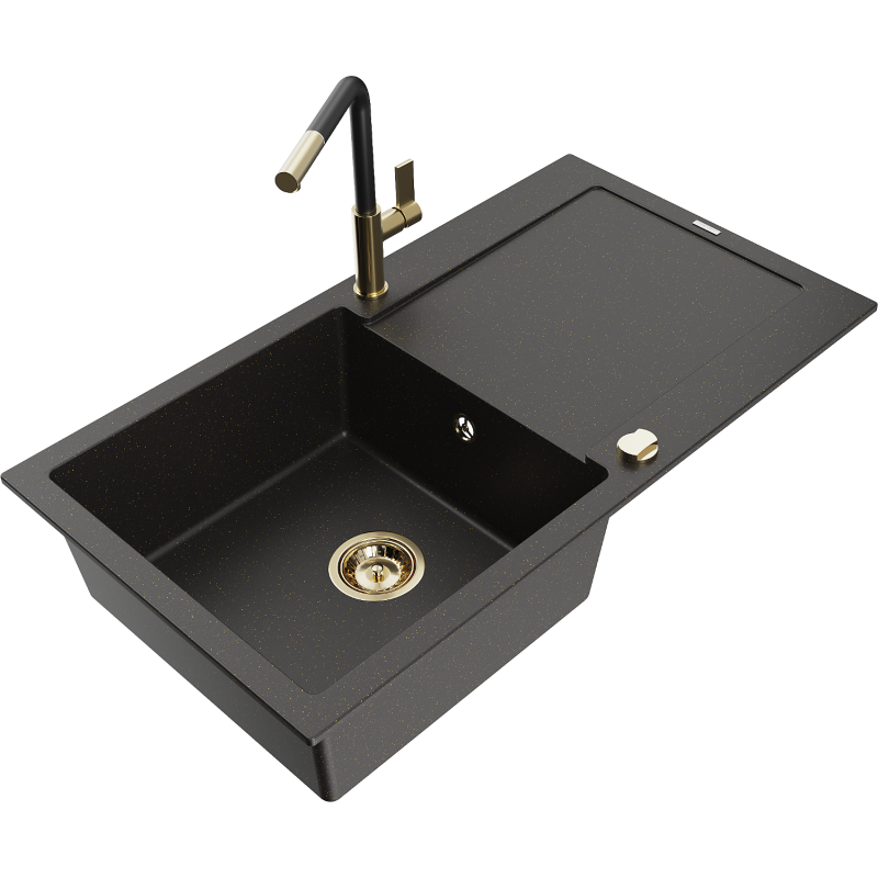 Mexen Leo lavello in granito a 1 vasca con sgocciolatoio e rubinetto cucina Flora, nero/oro metallizzato - 6501-75-670401-57-G
