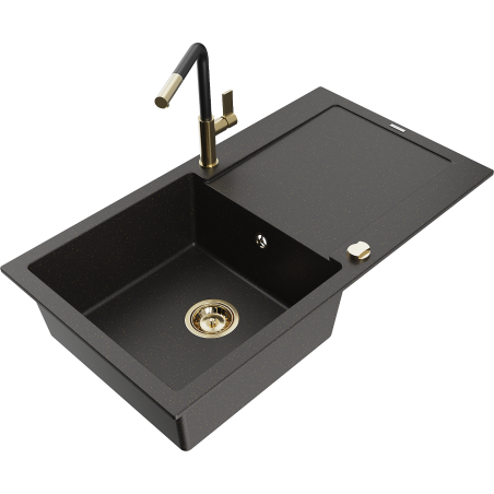 Mexen Leo granitdiskho med 1 kammare, avrinning och köksblandare Flora, svart/guld metallic - 6501-75-670401-57-G