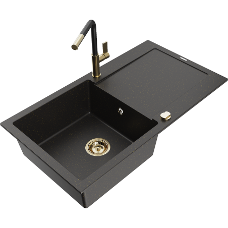 Mexen Leo Granitspüle 1-Becken mit Abtropffläche und Küchenarmatur Flora, schwarz/gold metallic - 6501-75-670401-57-G