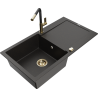 Mexen Leo Granitspüle 1-Becken mit Abtropffläche und Küchenarmatur Flora, schwarz/gold metallic - 6501-75-670401-57-G