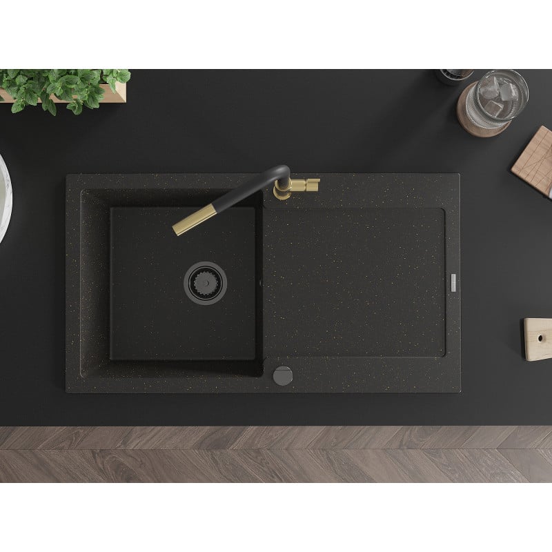 Mexen Leo granieten spoelbak 1-komor met afdruipplaat en keukenmengkraan Flora, zwart/goud metallic - 6501-75-670401-57-B