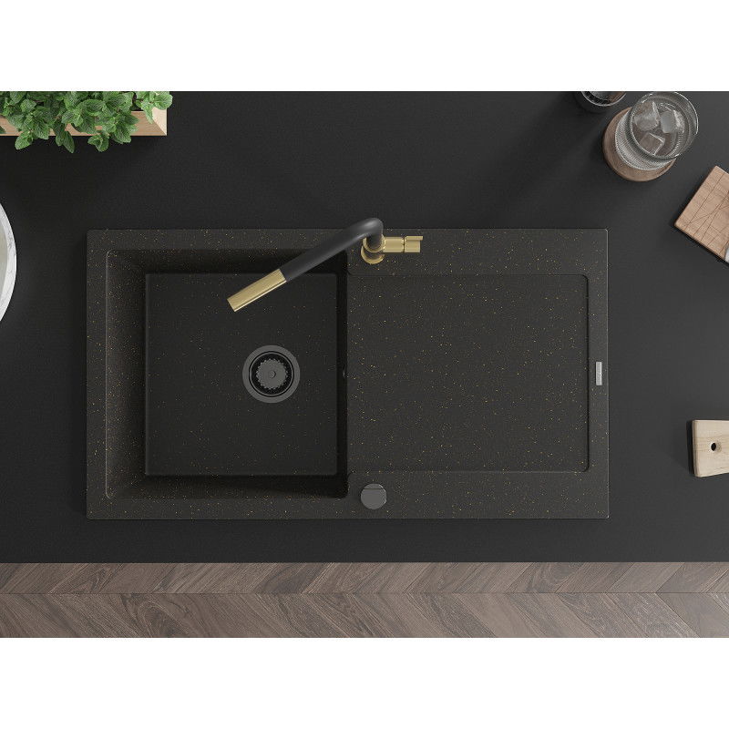 Mexen Leo granitizlietne ar vienu nodalījumu un noteku, ar Flora virtuves krānu, melns/zeltīts metalik - 6501-75-670401-57-B