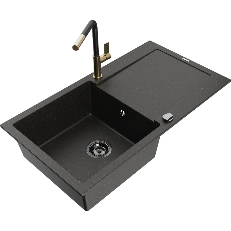 Mexen Leo Granitspüle 1-Becken mit Abtropffläche und Küchenarmatur Flora, schwarz/gold metallisch - 6501-75-670401-57-B