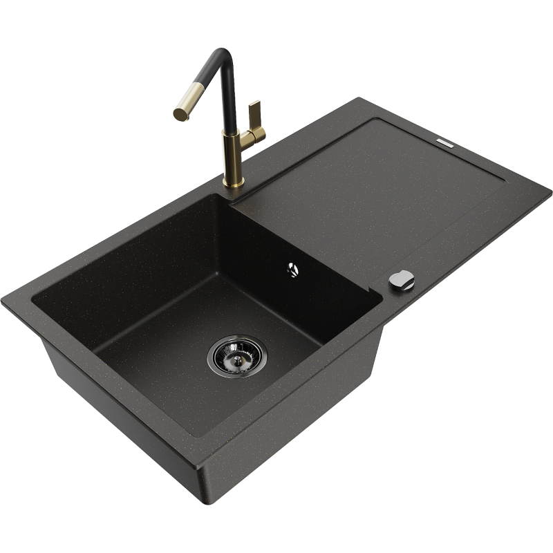 Mexen Leo Granitspüle 1-beckig mit Abtropffläche und Küchenarmatur Flora, schwarz/goldener Metallic - 6501-75-670401-57-B