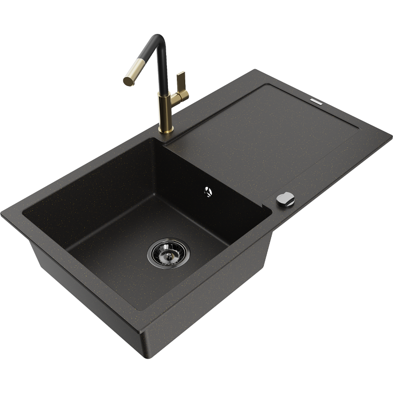 Mexen Leo lavello in granito a 1 vasca con scolapiatti e rubinetto da cucina Flora, nero/oro metallizzato - 6501-75-670401-57-B