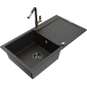 Mexen Leo 1-bowl granite sink with drainer and Flora kitchen tap, black/gold metallic - 6501-75-670401-57-B