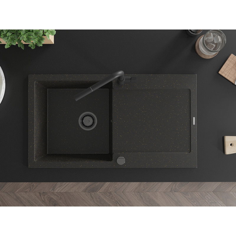 Mexen Leo single bowl granite sink with drainer and Flora kitchen tap, black/golden metallic - 6501-75-670401-70-B