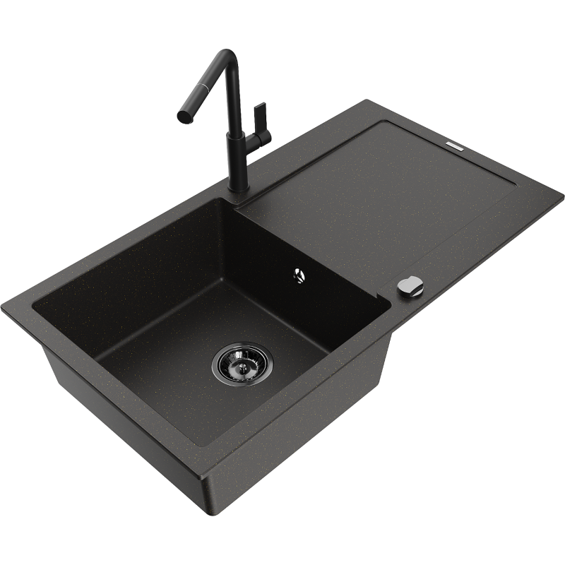 Mexen Leo granieten gootsteen 1-kompartiment met afdruiprek en Flora keukenkraan, zwart/goud metallic - 6501-75-670401-70-B