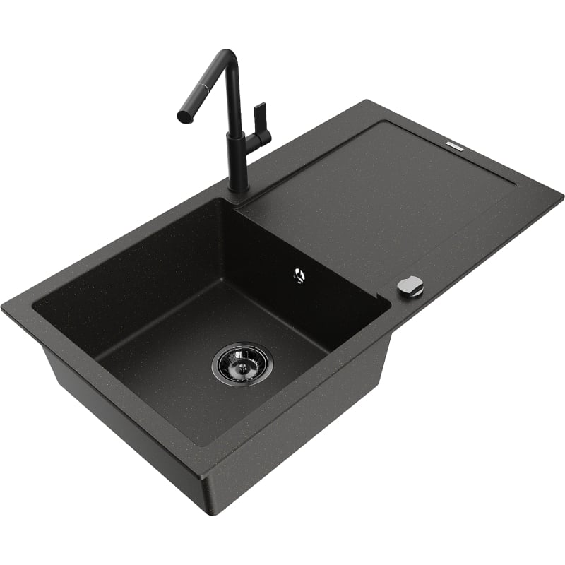 Mexen Leo granite sink 1-bowl with drainer and Flora kitchen faucet, black/gold metallic - 6501-75-670401-70-B