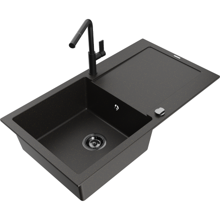 Mexen Leo single bowl granite sink with drainer and Flora kitchen tap, black/golden metallic - 6501-75-670401-70-B