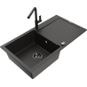 Mexen Leo single bowl granite sink with drainer and Flora kitchen tap, black/golden metallic - 6501-75-670401-70-B