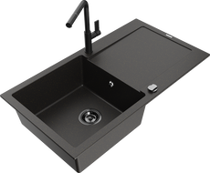 Mexen Leo single bowl granite sink with drainer and Flora kitchen tap, black/golden metallic - 6501-75-670401-70-B