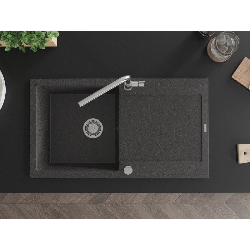 Mexen Leo fregadero de granito de 1 seno con escurridor y grifo de cocina Flora, negro moteado - 6501-76-670401-00