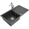 Mexen Leo granite sink 1-bowl with drainer and Flora kitchen faucet, speckled black - 6501-76-670401-00