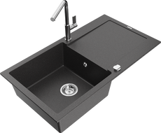 Mexen Leo granite sink 1-bowl with drainer and Flora kitchen tap, speckled black - 6501-76-670401-00