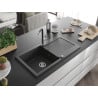 Mexen Leo single-bowl granite sink with drainer and Flora kitchen tap, speckled black - 6501-76-670401-07