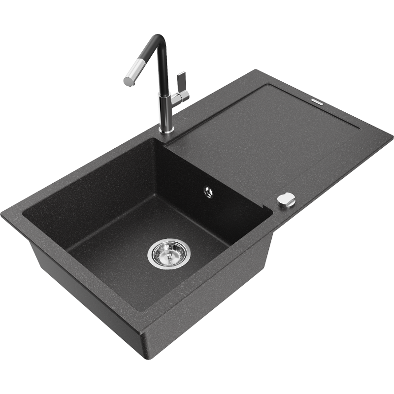 Mexen Leo fregadero de granito de 1 seno con escurridor y grifo de cocina Flora, negro moteado - 6501-76-670401-07