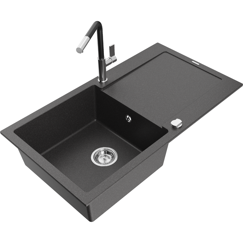 Mexen Leo single-bowl granite sink with drainer and Flora kitchen tap, speckled black - 6501-76-670401-07