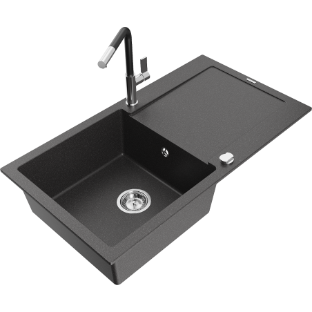 Mexen Leo fregadero de granito de 1 seno con escurridor y grifo de cocina Flora, negro moteado - 6501-76-670401-07