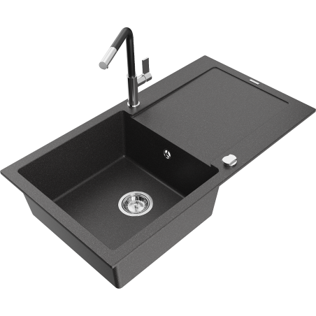 Mexen Leo single-bowl granite sink with drainer and Flora kitchen tap, speckled black - 6501-76-670401-07