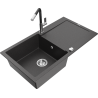 Mexen Leo single-bowl granite sink with drainer and Flora kitchen tap, speckled black - 6501-76-670401-07