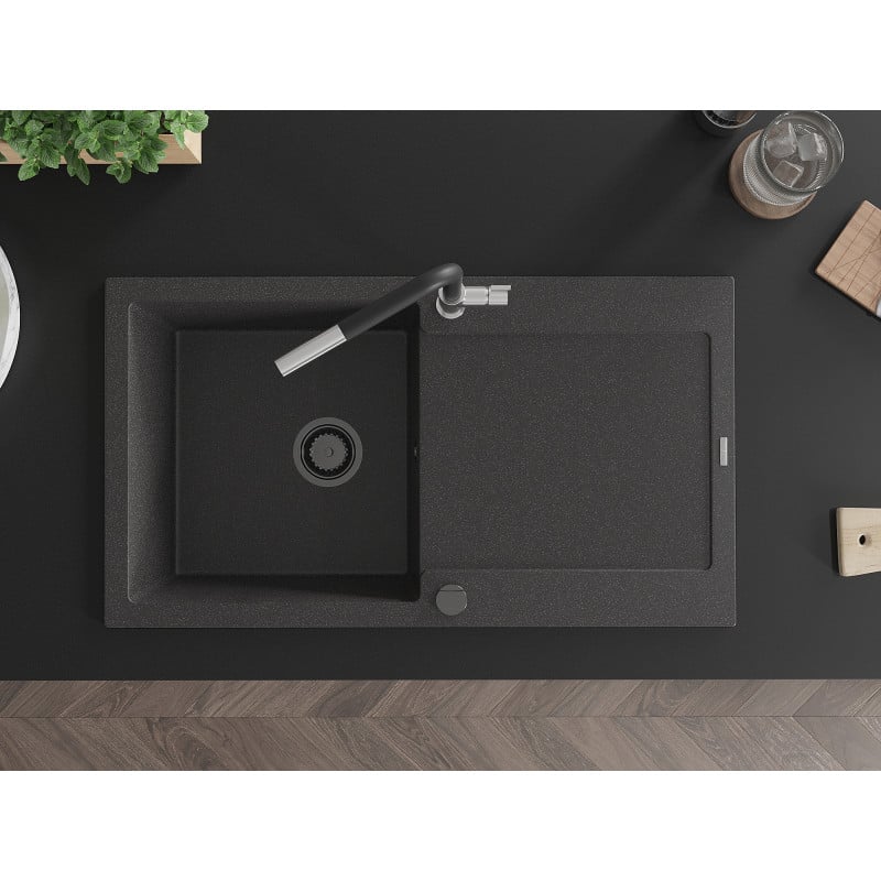 Mexen Leo Granitspüle 1-beckig mit Abtropffläche und Küchenarmatur Flora, schwarz gesprenkelt - 6501-76-670401-07-B