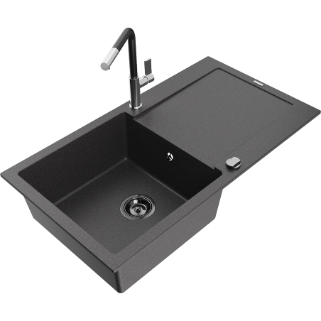 Mexen Leo granitische spoelbak 1-kompartment met afdruiprek en keukenkraan Flora, zwart gespikkeld - 6501-76-670401-07-B