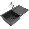 Mexen Leo 1-Kammer Granitspüle mit Abtropffläche und Küchenarmatur Flora, schwarz gesprenkelt - 6501-76-670401-07-B