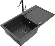 Mexen Leo fregadero de granito de 1 seno con escurridor y grifo de cocina Flora, negro moteado - 6501-76-670401-07-B