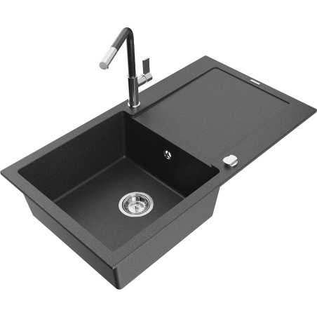 Mexen Leo fregadero de granito de 1 cubeta con escurridor y grifo de cocina Flora, negro moteado - 6501-76-670401-08
