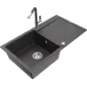 Mexen Leo 1-bowl granite sink with drainer and Flora kitchen tap, speckled black - 6501-76-670401-08