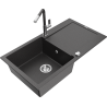 Mexen Leo lava-loiça de granito de 1 cuba com escorredor e torneira de cozinha Flora, preto salpicado - 6501-76-670401-08