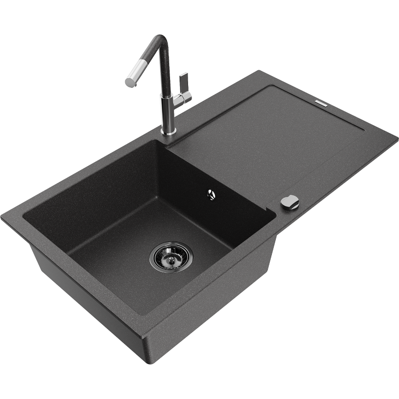 Mexen Leo granite sink 1-bowl with drainer and Flora kitchen tap, speckled black - 6501-76-670401-08-B