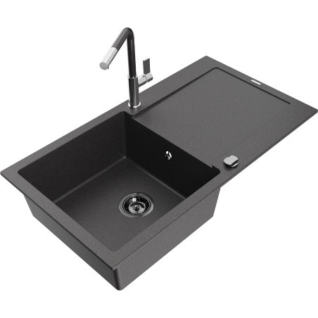 Mexen Leo granite sink 1-bowl with drainer and Flora kitchen tap, speckled black - 6501-76-670401-08-B