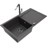Mexen Leo granite sink 1-bowl with drainer and Flora kitchen tap, speckled black - 6501-76-670401-08-B