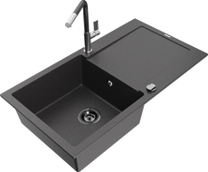 Mexen Leo fregadero de granito de 1 seno con escurridor y grifo de cocina Flora, negro moteado - 6501-76-670401-08-B