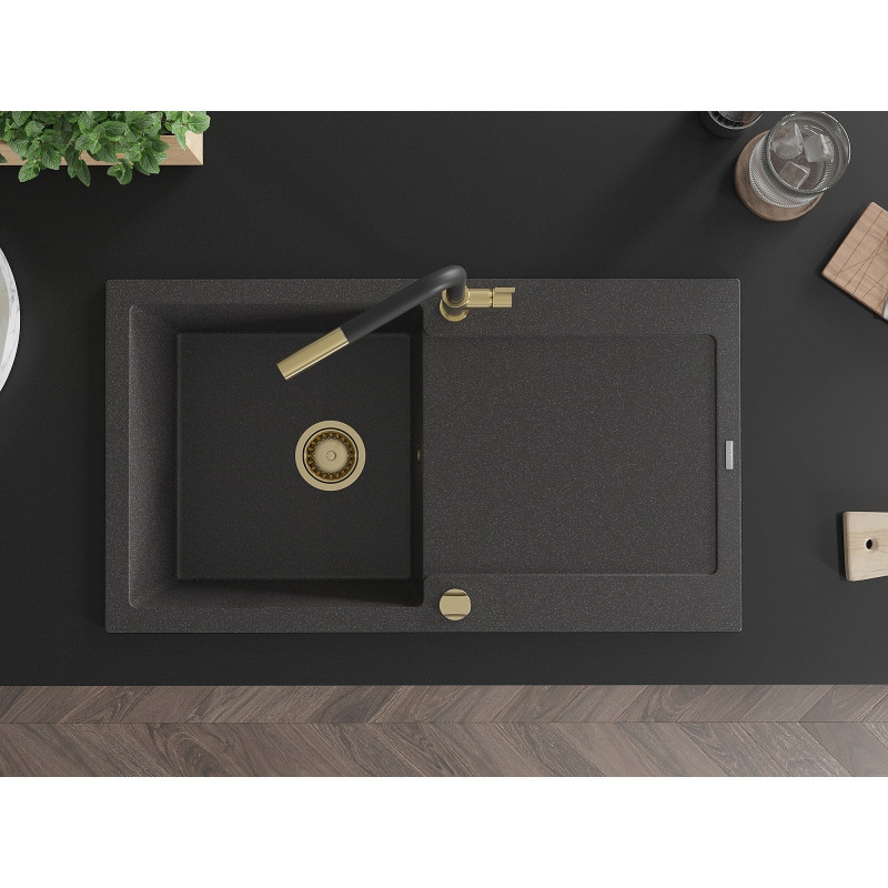 Mexen Leo fregadero de granito de 1 compartimiento con escurridor y grifo de cocina Flora, negro moteado - 6501-76-670401-57-G