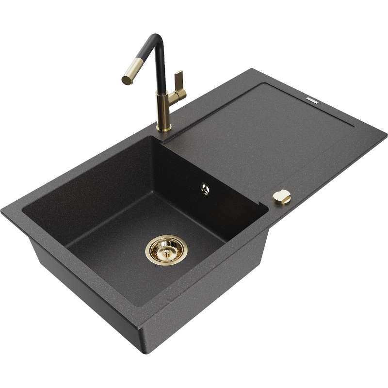 Mexen Leo fregadero de granito 1-cubeta con escurridor y grifo de cocina Flora, negro moteado - 6501-76-670401-57-G