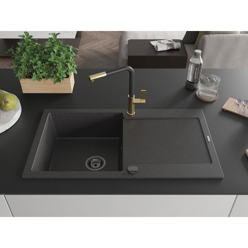 Mexen Leo granite sink 1-bowl with drainer and Flora kitchen tap, black speckled - 6501-76-670401-57-B