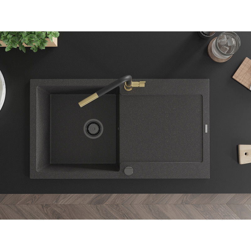 Mexen Leo granite sink 1-bowl with drainer and Flora kitchen tap, black speckled - 6501-76-670401-57-B