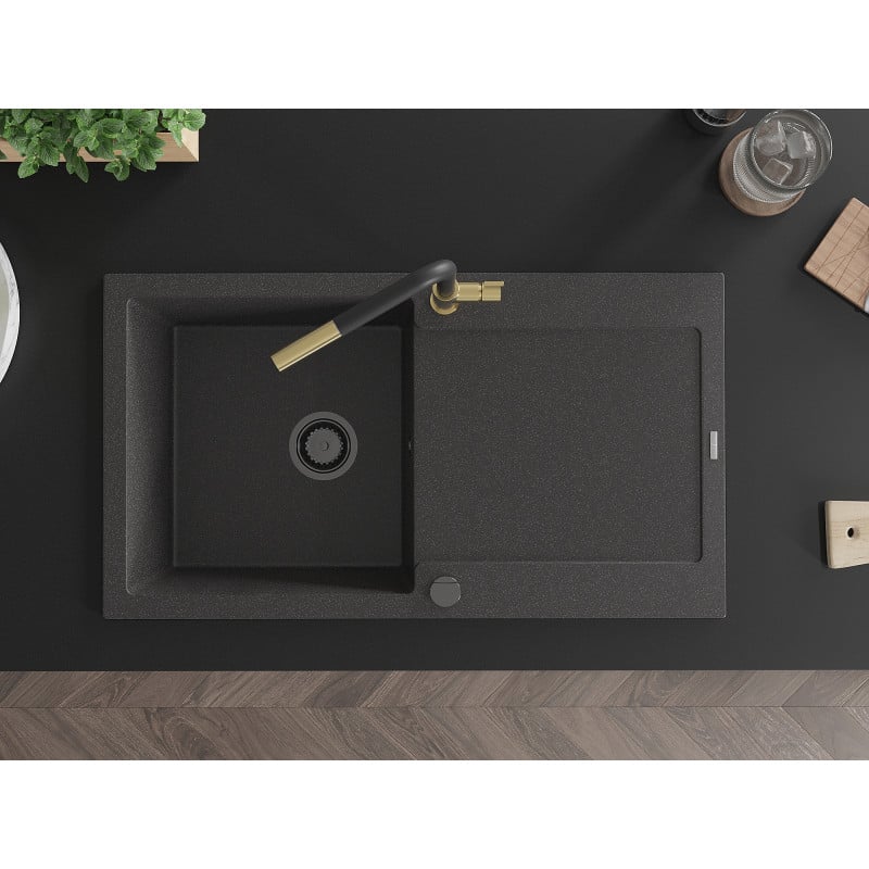 Mexen Leo Granitspüle einteilig mit Abtropffläche und Küchenarmatur Flora, schwarz gesprenkelt - 6501-76-670401-57-B