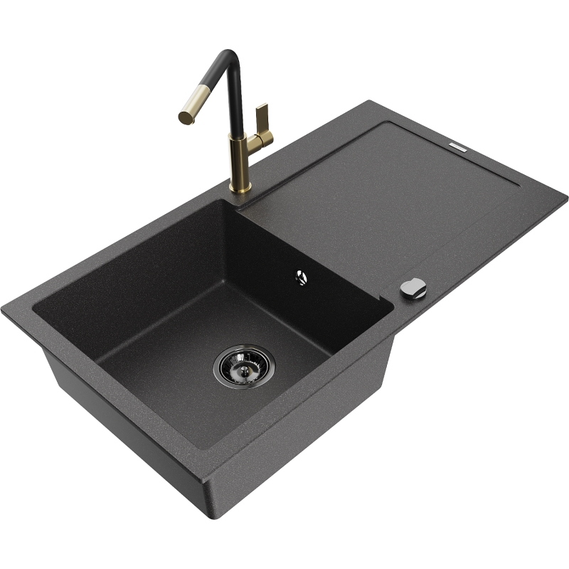 Mexen Leo granite sink 1-bowl with drainer and Flora kitchen tap, black speckled - 6501-76-670401-57-B